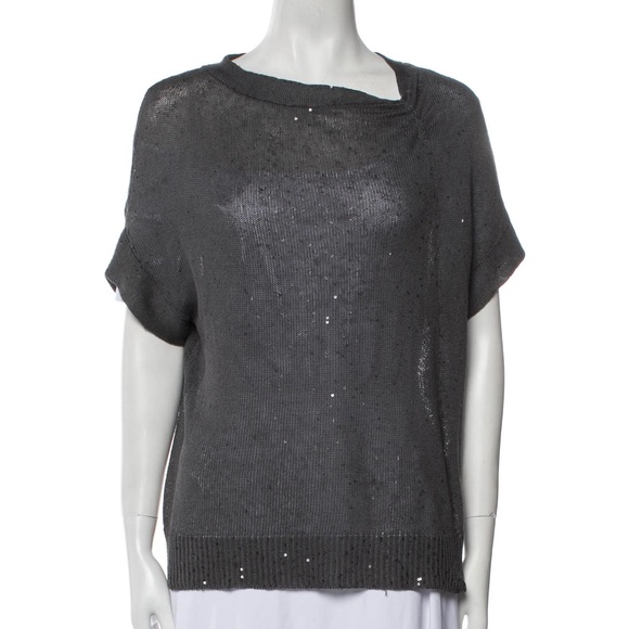 Brunello Cucinelli S Sequin Linen Silk Gray Short Sleeve Cowl Neck Top - Picture 1 of 12